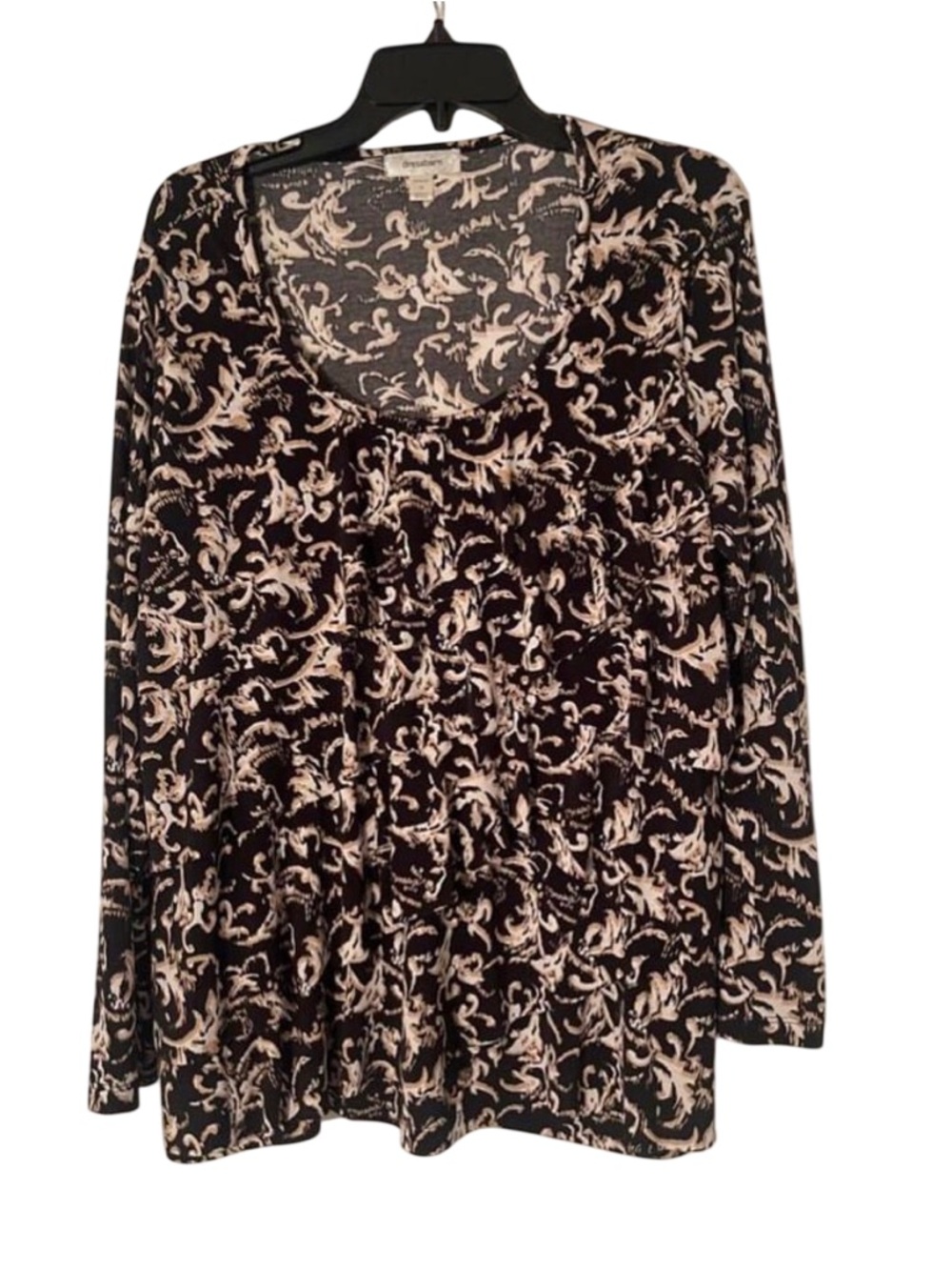 Dress Barn  Black and Cream Swirl Print‎ Long-Sleeve Scoop Neck Top